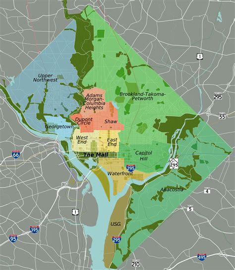 Washington DC map with historical areas highlighted